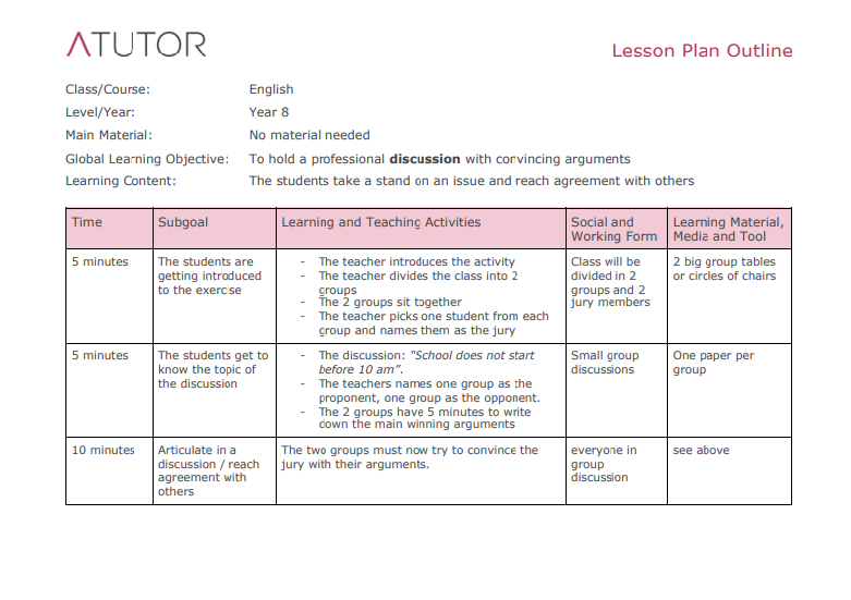 Lesson Plan Content Outline Example