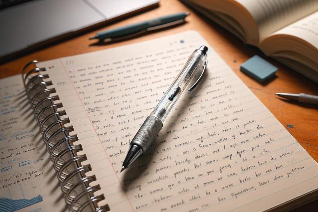  generic gel pen on an open notebook in a college setting