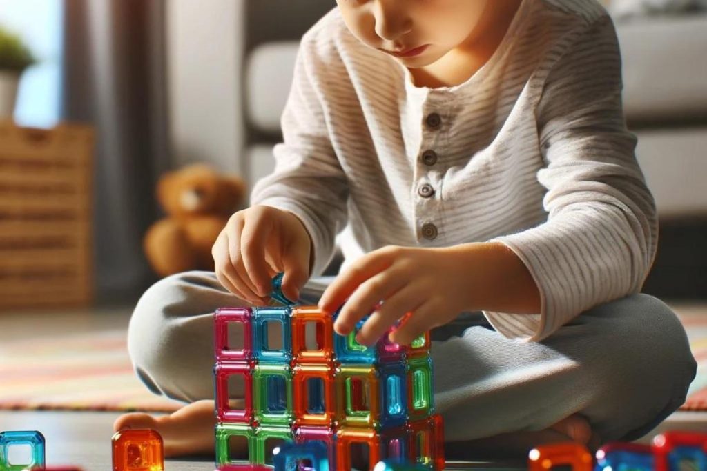 5 year old playing with STEM toy magna tiles