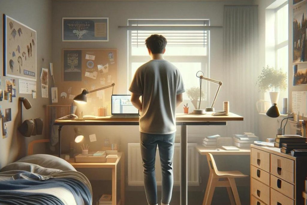 students standing at a standing desk in dorm room