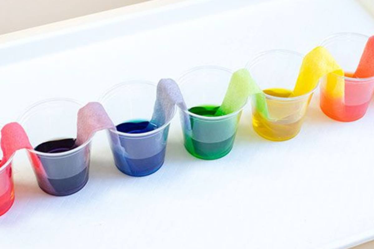 Colorful Rainbow Water Walking With Paper Towels to Next Glass