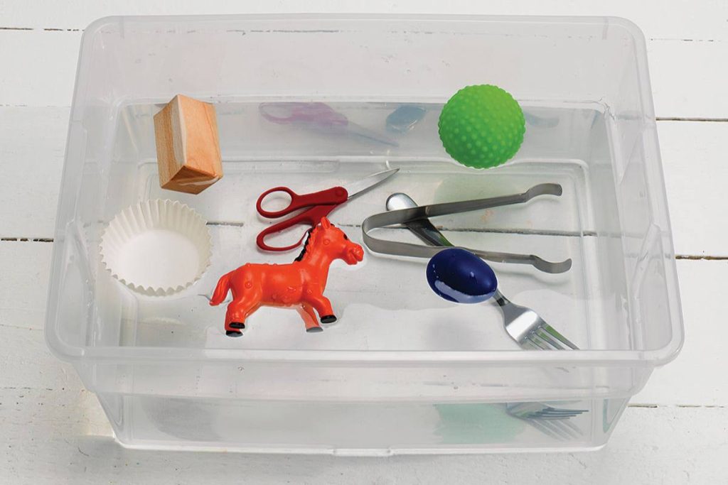 objects floating and sinking in container with water